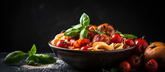 Aufkleber - Bowl with pasta, meatballs, and fresh tomato, with space for adding text or pictures. with copy space image. Place for adding text or design