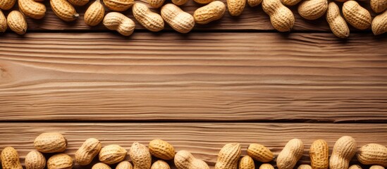 Aufkleber - Top view of peanuts shown with and without shells, arranged on a wooden surface, with copy space image.