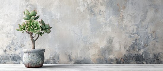 Fototapete - A small succulent plant in a pot on a white wooden desk with a tree in a pot for home decor, set against a textured background, perfect for a website banner with copy space image.