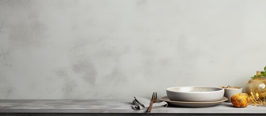 Fototapete - Cooked home dinner set on a gray concrete surface with ample copy space for a well-composed image.