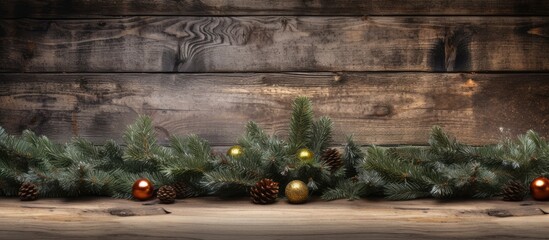 Poster - Festive fir tree embellished with ornaments on a rustic wooden backdrop with copy space image
