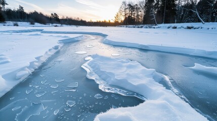 Canvas Print - Frozen lake with snow-covered landscape at sunset