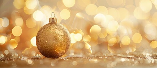 Christmas decorations featuring a gold ball against a blurred bokeh light background with copy space image available.