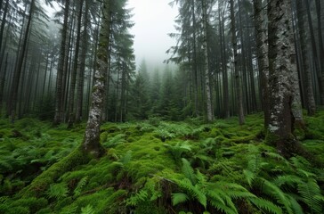 Sticker - Lush green forest with ferns and moss-covered trees