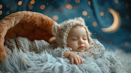 Poster - cute little baby sleeping on soft fluffy rug