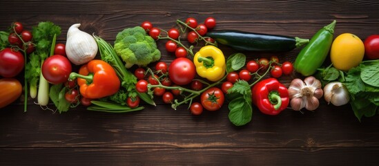 Aufkleber - A variety of fresh vegetables like tomatoes, garlic, zucchini, cabbage, cilantro, and peppers beautifully arranged on a dark wooden table, shot from above with space in the middle for text or images