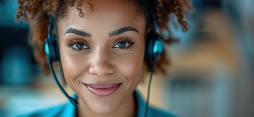 Wall Mural - smiling woman with curly hair and blue eyes