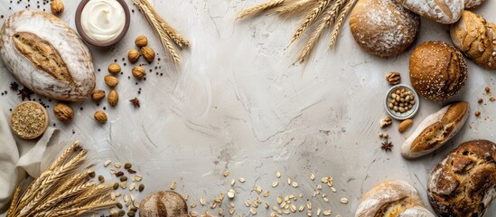 Poster - Various types of fresh homemade natural breads arranged as a background in a top-view setting with copy space image.