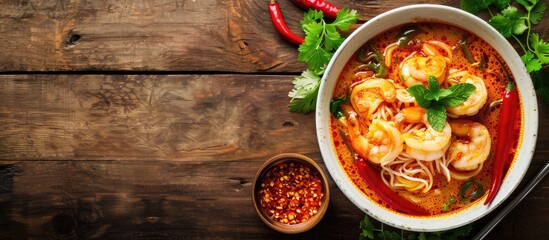 Fototapete - spicy mala Xiang guo laksa curry with seafood prawn, scallop, chicken meat, vegetable, noodle and chilli sambal thick gravy sauce in plate on wood table asian halal food cuisine menu for restaurant