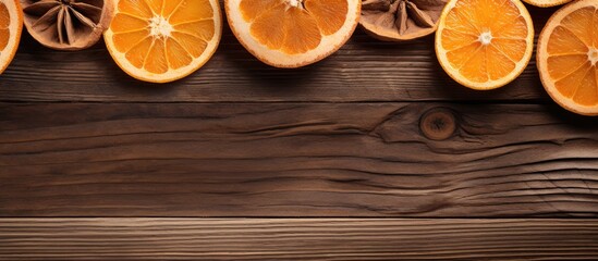 Wall Mural - top view of dried oranges on a wooden background with copy space image.