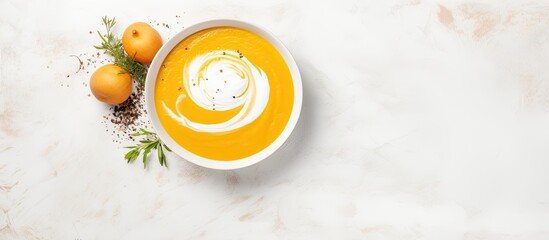 Aufkleber - Creamy pumpkin soup with a silky texture, showcased on a marble background with ample copy space in a top-down view.