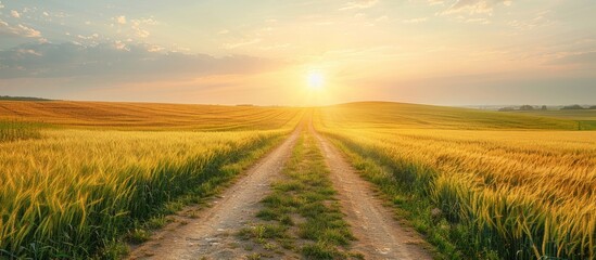 Wall Mural - Country Road Through Golden Wheat Field at Sunset