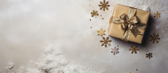 Poster - A beautifully adorned gift displayed for a Christmas card with ample copy space for an image, seen from above.