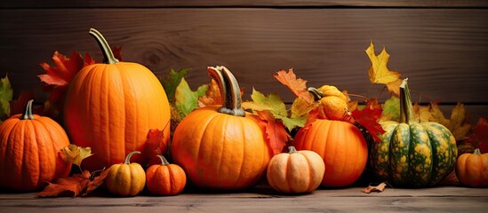 Poster - Vibrant autumnal background with pumpkins and leaves, perfect for copy space image.