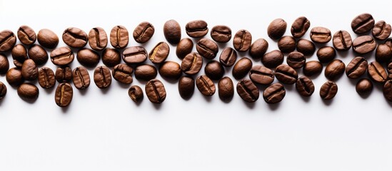 Leinwandbilder - Roasted coffee beans assort on a blurred white backdrop, presenting an appealing copy space image for coffee enthusiasts.