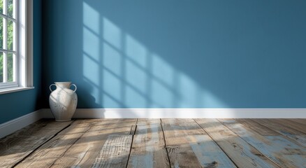 Poster - Rustic wooden floor and blue wall with window light