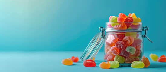 Poster - Blue background with a jar of assorted jelly candies, offering copy space in the scene.