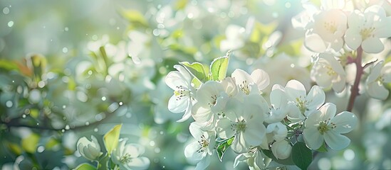 Aufkleber - Spring background with a close-up image of a blossoming white apple tree branch, providing ample copy space.