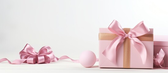 Cute gift set with pink ribbon decoration displayed on white backdrop with copy space image.