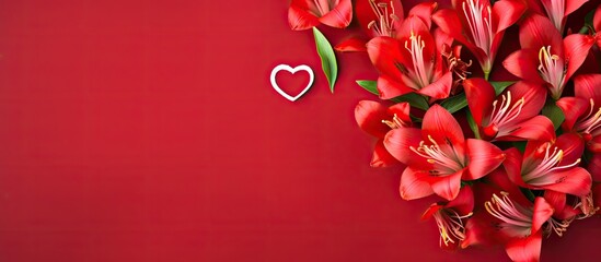 Poster - Alstroemeria flowers with heart decorations on a red backdrop creating a romantic ambiance for Valentine's Day. Flat lay view emphasizing copy space image.