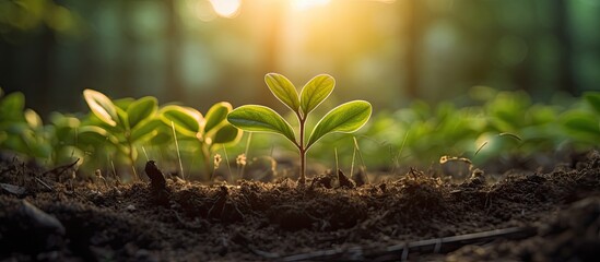 Leinwandbilder - Scenic sunset view of plant growth in forest, with a close-up perspective, suitable for adding text in the copy space image.