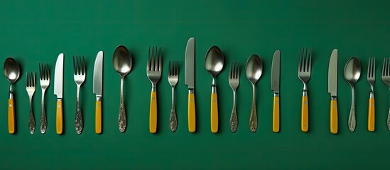Leinwandbilder - Top view of various cutlery on a green backdrop with copy space image.