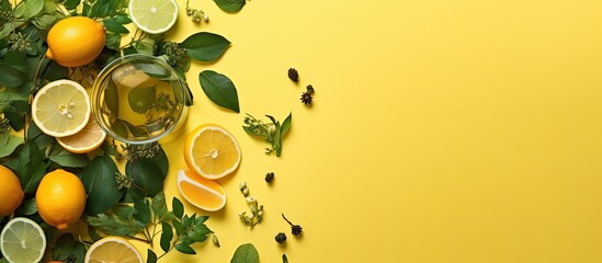 Aufkleber - Green herbal tea leaves with fruit spread from a glass on a yellow backdrop in a top view, featuring natural ingredients for alternative medicine, with an area for adding text or images