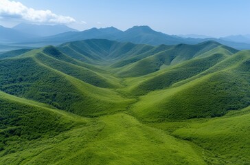 Wall Mural - Lush green rolling hills and mountains under a blue sky