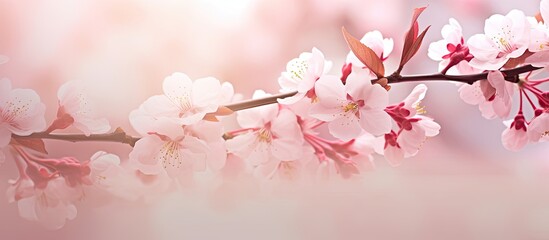 Leinwandbilder - Soft pastel floral card featuring pink springtime cherry blossoms in the background with selective focus, creating a serene copy space image.