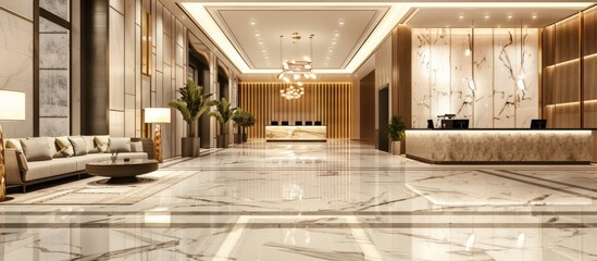 Poster - Hotel lobby interior with reception desk, sofas, marble floor and long bar. with copy space image. Place for adding text or design