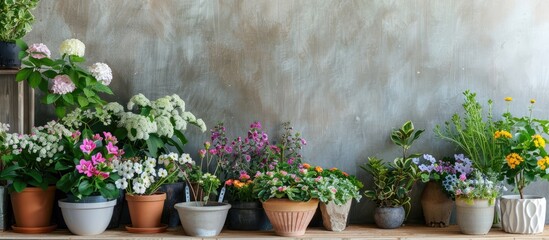 Poster - Home garden. Potted flowers. Stylish botanical interior. The concept of home gardening. Template. with copy space image. Place for adding text or design