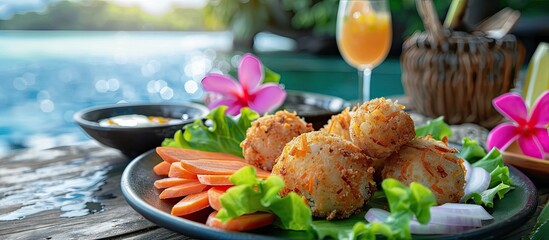 Poster - Seafood cakes and balls with pink frangipani flowers, lettuce, and sliced carrots on a seaside table with copy space image.