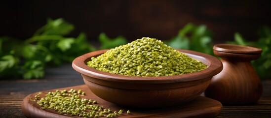 Aufkleber - Wooden bowl with green moong dal, a copy space image against a wooden background.