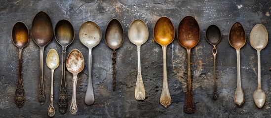 Leinwandbilder - Vintage spoons displayed on a stone table from above, creating a layout with a copy space image.