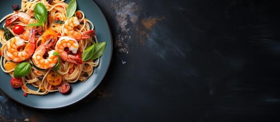 Poster - A high-angle view captures a Mediterranean dish featuring spaghetti with shrimp and vegetables on a blue plate against a dark rustic backdrop, with ample copy space.