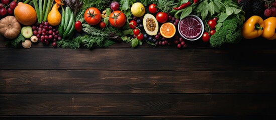 Poster - Fresh and nutritious fruits and vegetables on a dark wooden surface seen from above with room for additional image or text.