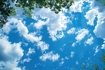 a blue sky with white clouds and green trees