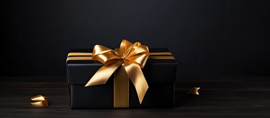Poster - Black gift box with golden bow on a black background for a Christmas and New Year theme, featuring ample copy space image.