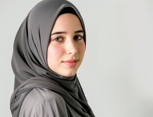 Wall Mural - Beautiful Muslim woman with grey hijab, looking at the camera and posing on a white isolated background, copy space. Arabian middle eastern religious concept.