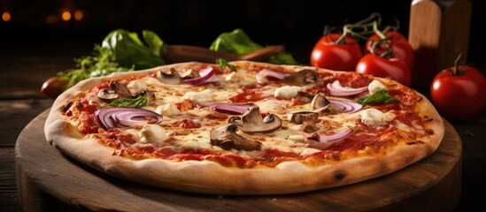 Poster - New York Style Pizza with marinara sauce, mozzarella, meats, veggies, baked in wood-fired oven, a beloved Italian favorite with a classic touch and copy space image.