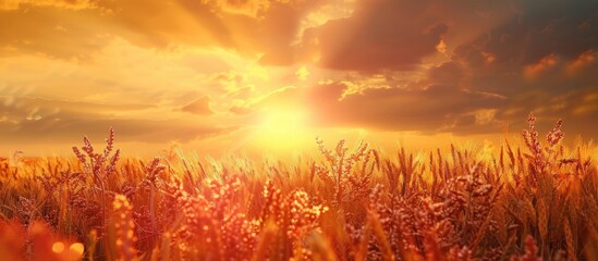 Aufkleber - Close-up nature photo with a rich harvest idea against a sunset backdrop of ripening yellow wheat on a cloudy orange sky with copy space image of setting sun rays in rural meadow.