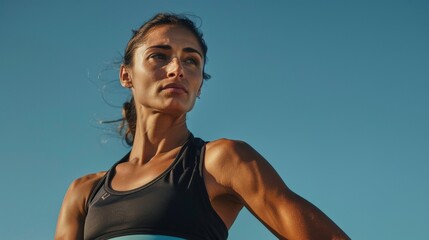 Wall Mural - Determined female athlete in black sportswear under blue sky.