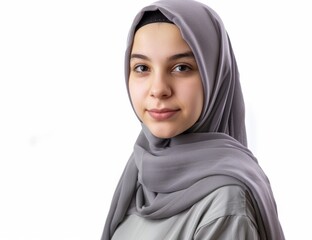 Beautiful Muslim woman with grey hijab, looking at the camera and posing on a white isolated background, copy space. Arabian middle eastern religious concept.