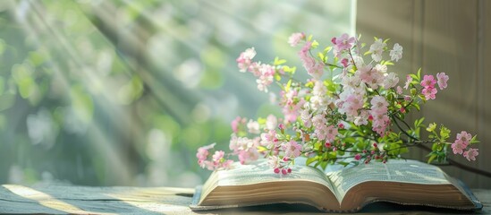 Poster - A symbol of renewal and new beginnings, spring flowers in front of an open bible provide a poignant copy space image.