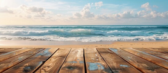 Aufkleber - A summer vacation-themed horizontal travel banner with a wooden tabletop as its main focus, featuring a serene beach and sea in the background for copy space image.