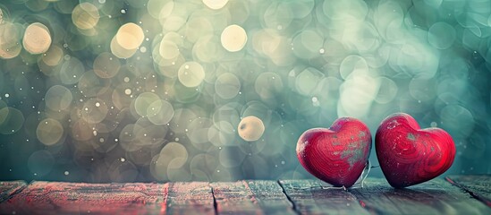 Aufkleber - Vintage-style image with two red handmade wooden hearts against a lovely bokeh backdrop, representing love on Valentine's Day, with a copy space image.