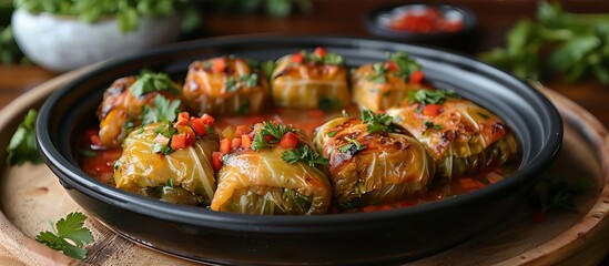 Canvas Print - Close-up of Delicious Cabbage Rolls in a Black Bowl