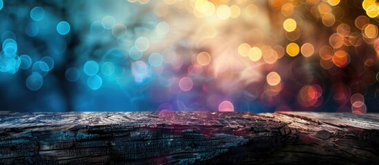 Aufkleber - Product displayed on a log wood tabletop with a colorful bokeh light background, ideal for showcasing with copy space image.
