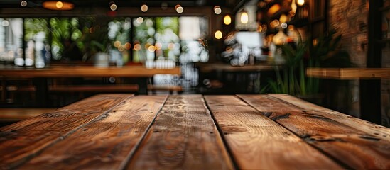 Aufkleber - An empty brown wooden table at a coffee shop with a blurred background and bokeh effect, perfect for showcasing products in a copy space image.