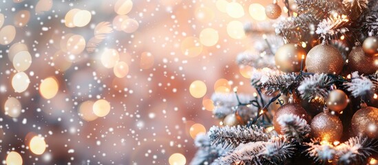 Poster - A lovely Christmas tree adorned with medium golden balls and small bulbs, with white snow decoration, offering copy space on the left, set against a blurred background with beautiful bokeh.